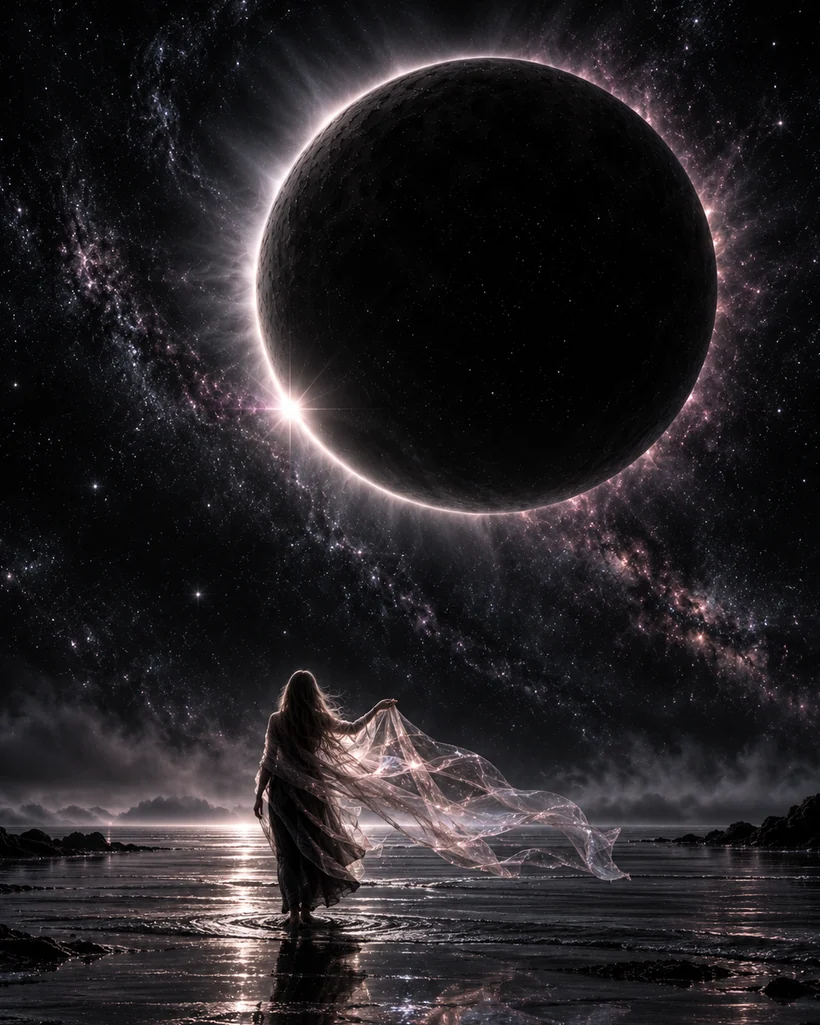 A woman with long hair wades into a mirror-flat sea beneath an enormous eclipse, trailing iridescent silk across the water.