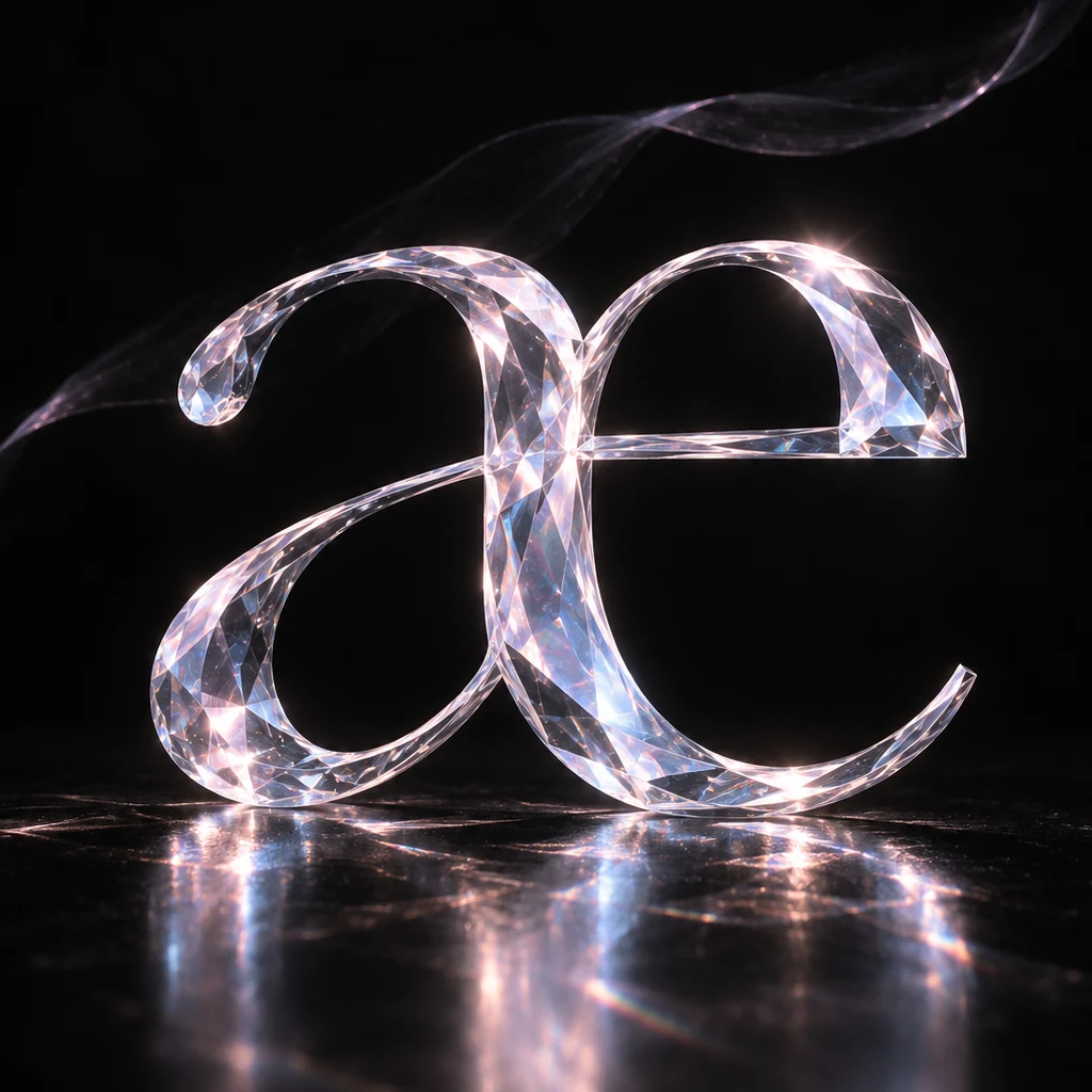 The letters a and e joined into one ligature, carved from faceted clear crystal and lit pink and blue, standing on a reflective black floor.
