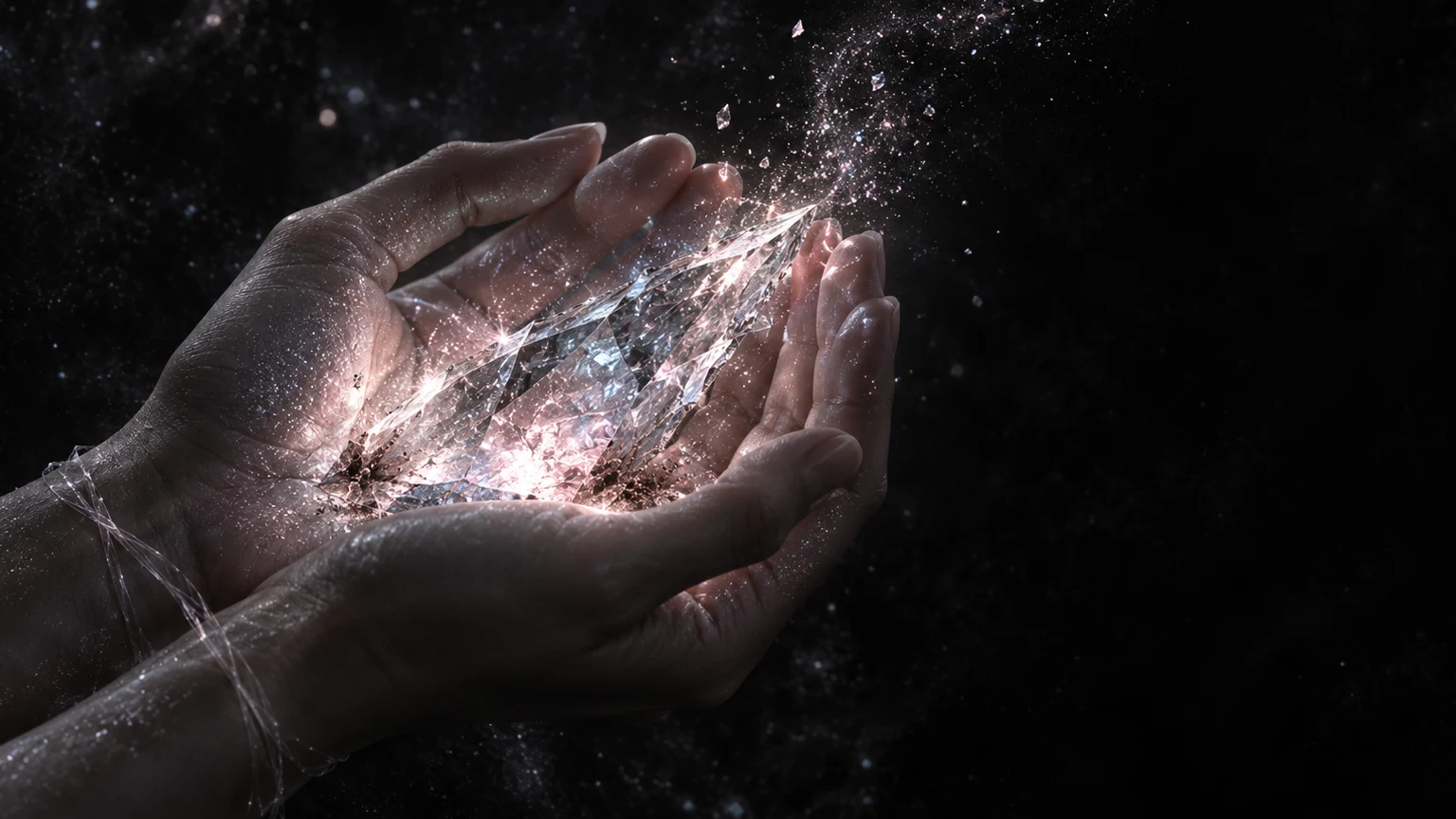Two cupped hands hold a glowing crystal that breaks apart into drifting light and dust against a starry dark.