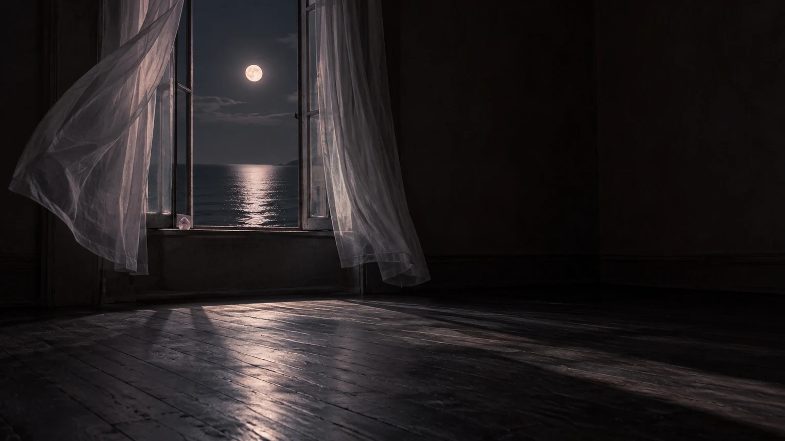 A dark, empty room with an open window; sheer curtains billow as a full moon lays a path of light across the sea and the floorboards.